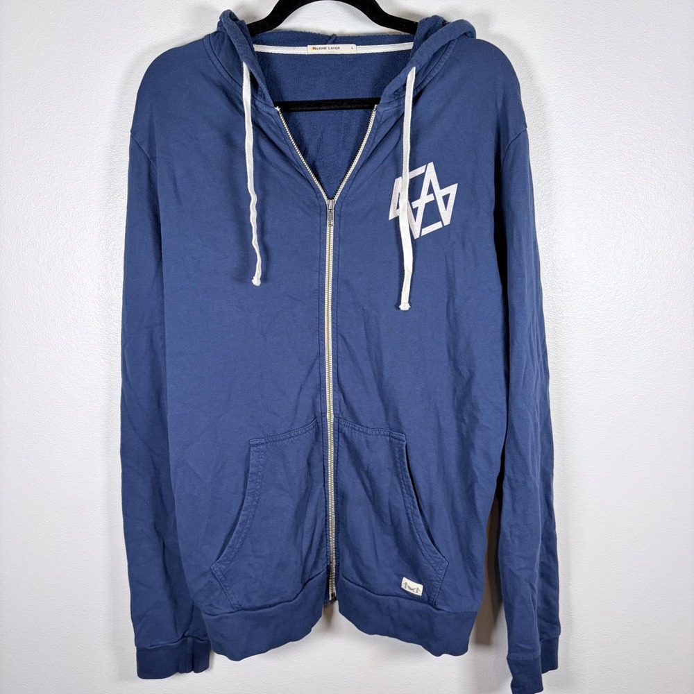 Marine Layer Mens Blue Graphic Full Zip‎ Hoodie Sweatshirt Cotton Modal Large